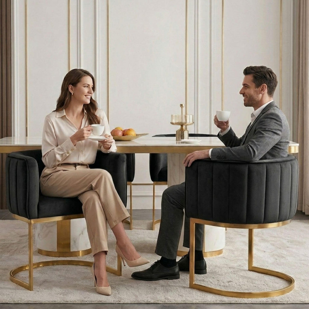 Black and Gold Barrel Dining Chairs Set of 2, Modern Velvet Upholstered Accent Chairs with Curved Back Island, Luxury