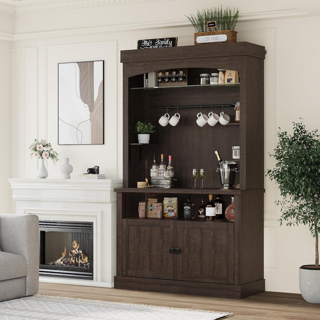 Coffee Bar Cabinet with LED Lights,72 '' Tall Buffet Cabinet with Storage,Farmhouse Kitchen Sideboard Tall Coffee