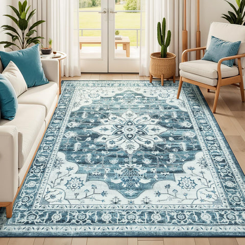 5x7 Washable Vintage Boho Area Rug, Soft Non-Slip Carpet for Living Room Bedroom Blue