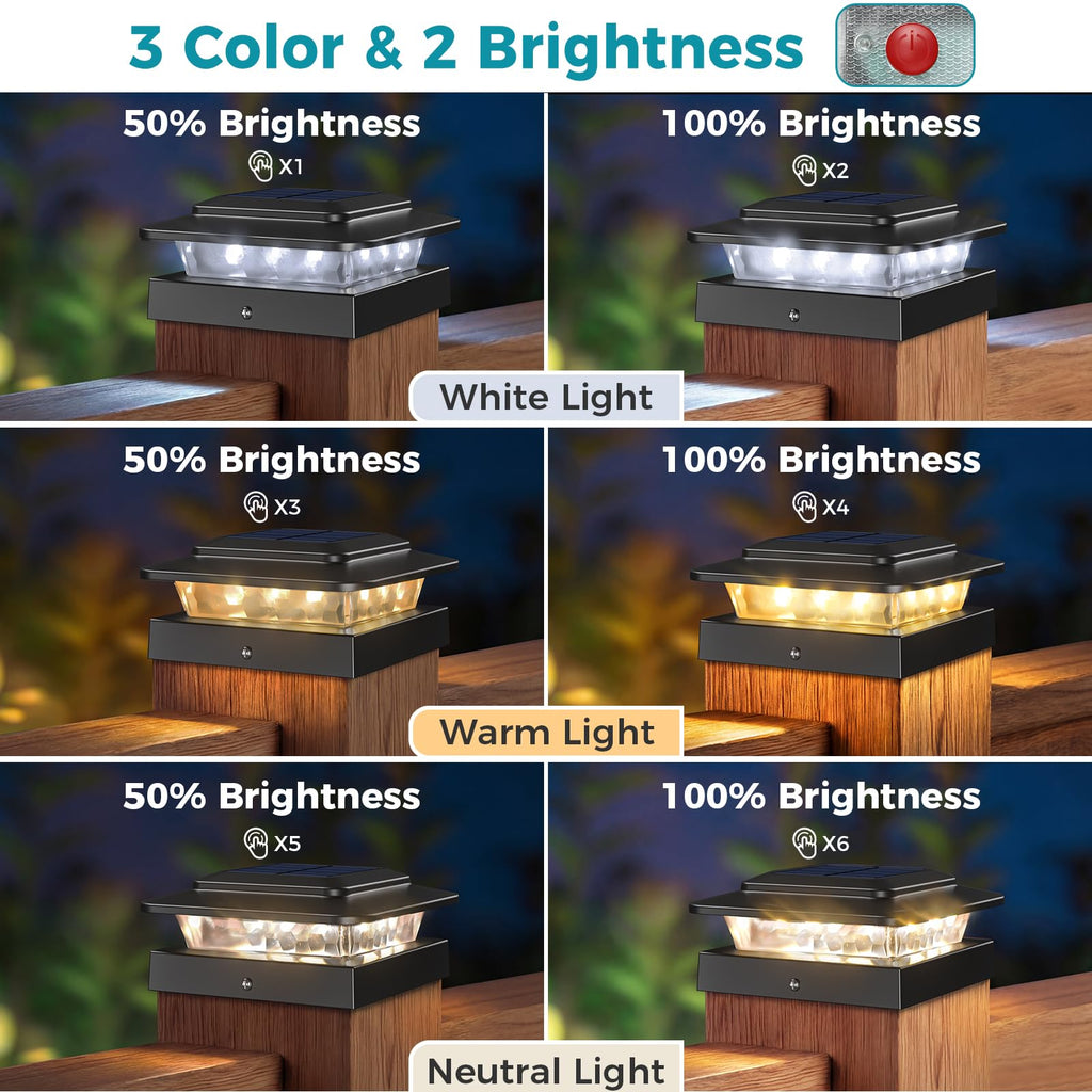 4x4 Solar Post Cap Lights Outdoor 16Pack- 3 Color Temperatures& 2 Level Brightness, IP65 Waterproof, 16 LED Black