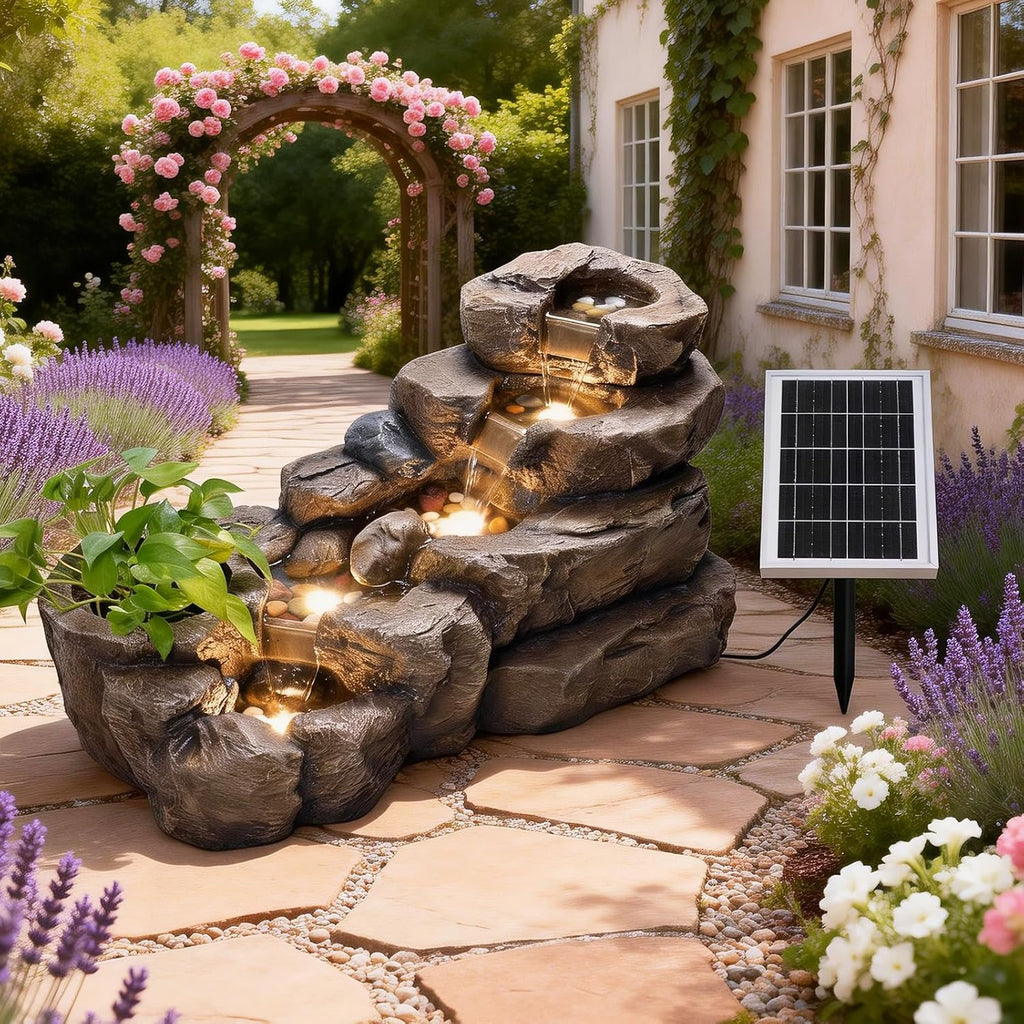 38.2" L Solar Water Fountain Outdoor Garden 5 Tiers Floor Standing Rock Natural Waterfall Outdoor Fountains with LED
