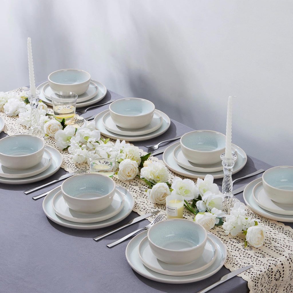 24 Piece Plates and Bowls Sets for 8, Ceramic Dishes Set, Dusk White