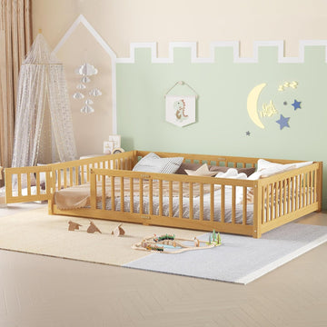 Queen Montessori Bed with High Fence and Guardrail, Solid Wood Floor Bed Frame for Kids Boys Girls, Natural