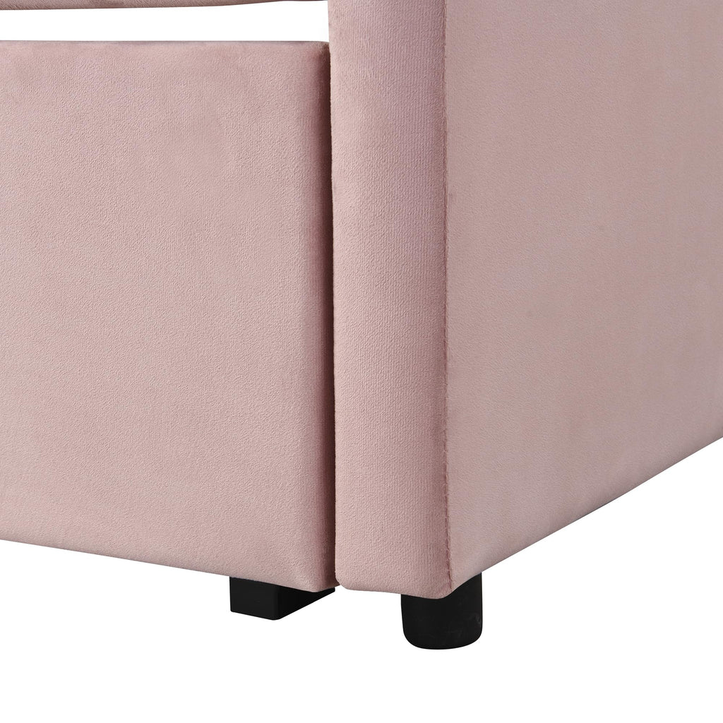 Twin Size Daybed, Upholstered Twin Daybed with Extendable Trundle, Twin Size Daybed Frame, Pink