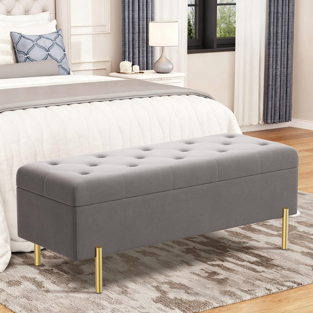 Ottoman Bench with Storage, Upholstered Tufted Velvet Storage Bench Living Room Long Ottoman Grey