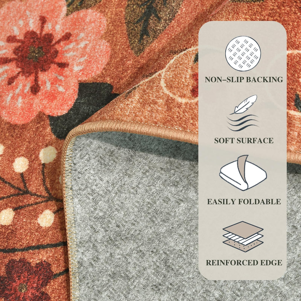 Washable Runner Rug Orange Boho Floral Kitchen Bedroom