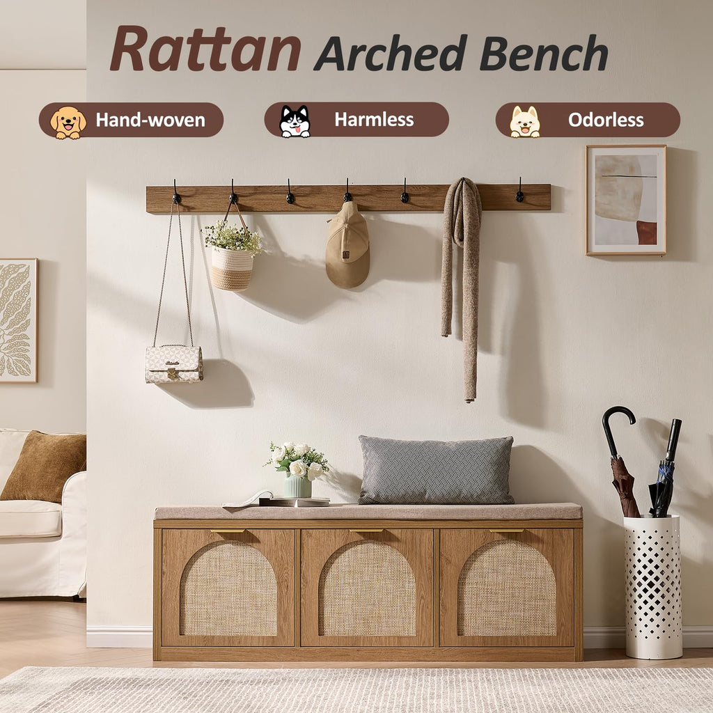 Rattan Narrow Entryway Bench with Shoe Storage, 3 Flip Drawers & Coat Rack, Mid-Century Modern Wood Shoe Cabinet with