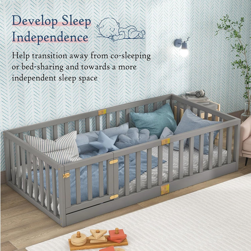 Twin Montessori Floor Bed with High Rails, Solid Wood Montessori Bed Frame for Kids, Door Can Install Left and Right
