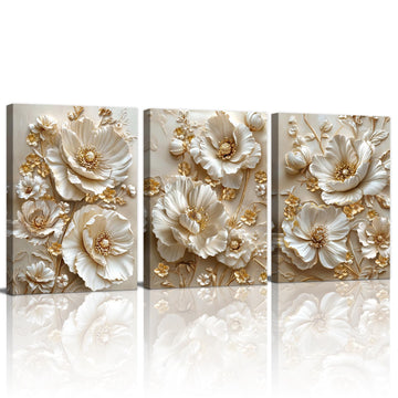Modern Neutral Beige Gold Textured Floral Leaves Canvas Wall Art 12x16"x3