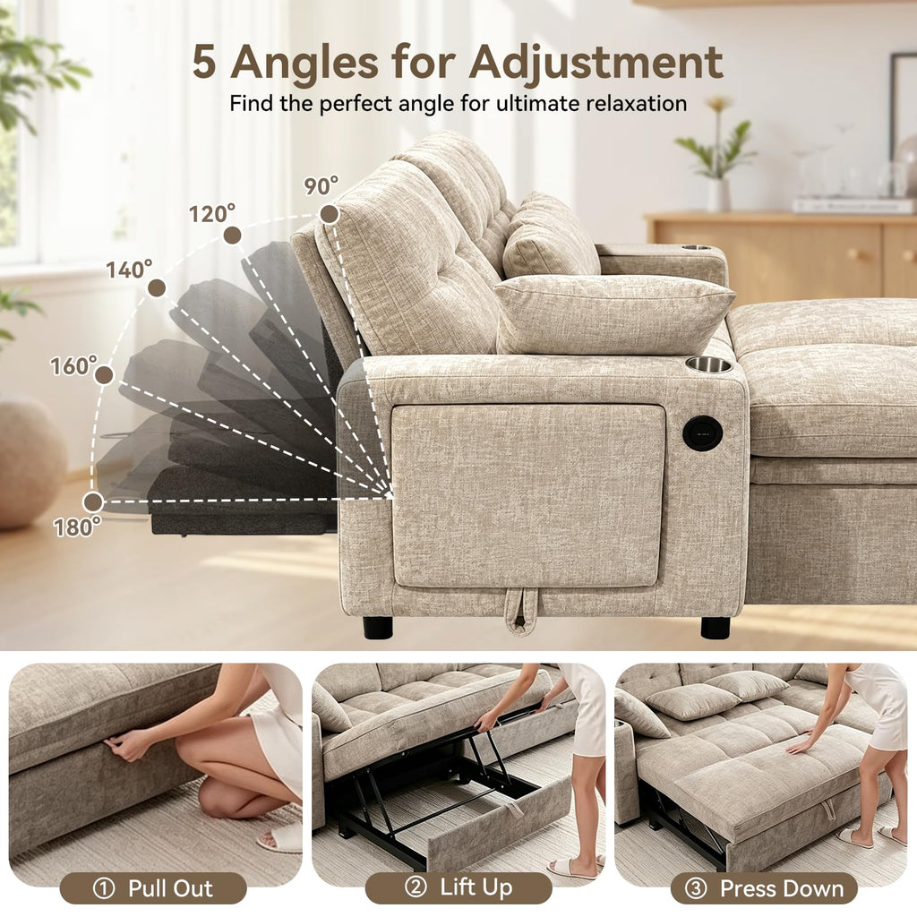 82" Sleeper Sectional Sofa, Comfy Convertible Sofa Bed with Pull Out Couches, Chenille L Shaped Couch with Reversible