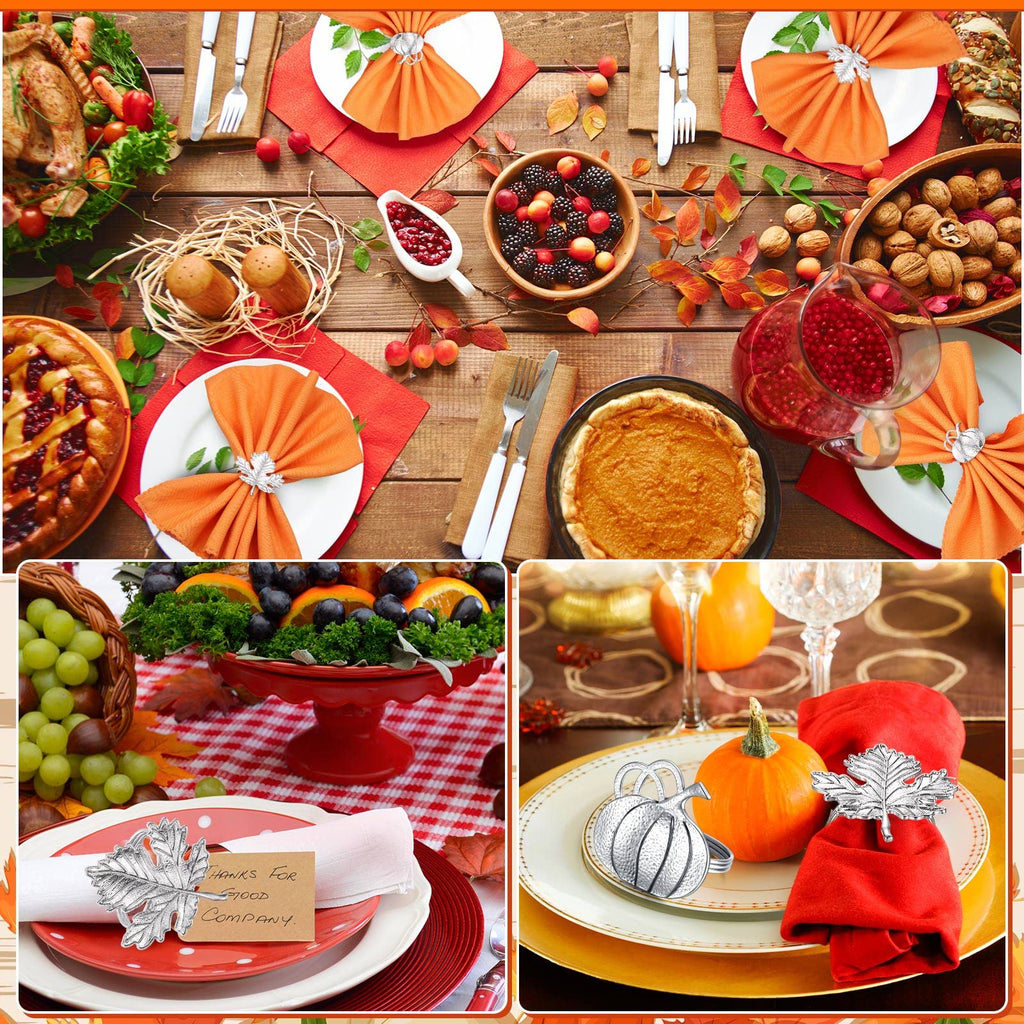 12 Pcs Silver Fall Napkin Ring Set Maple Leaf Pumpkin Napkin Holder