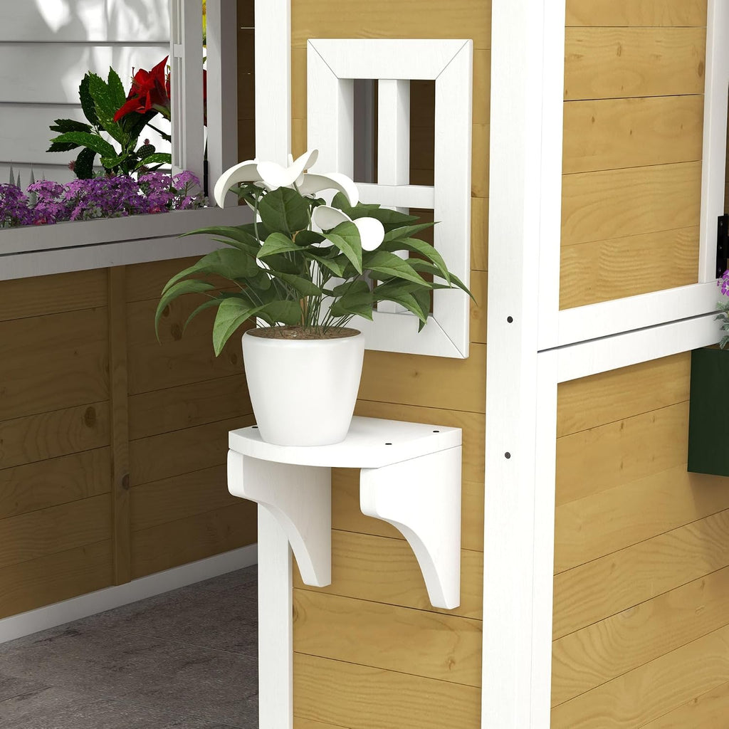 Outdoor Kids Playhouse with Dutch Door for Toddlers 3-8, Beige | Wooden, Windows, Flower Holders and Boxes, Cottage