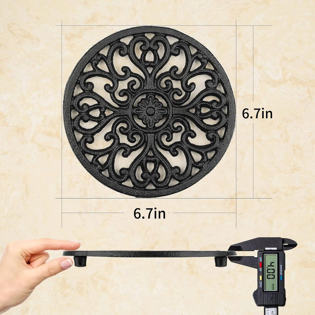 Round Cast Iron Trivet, 6.7 Inch Heavy-Duty Trivets for Hot Dishes, Pots and Pans, with Rubber Feet Non-Slip - Set of 2
