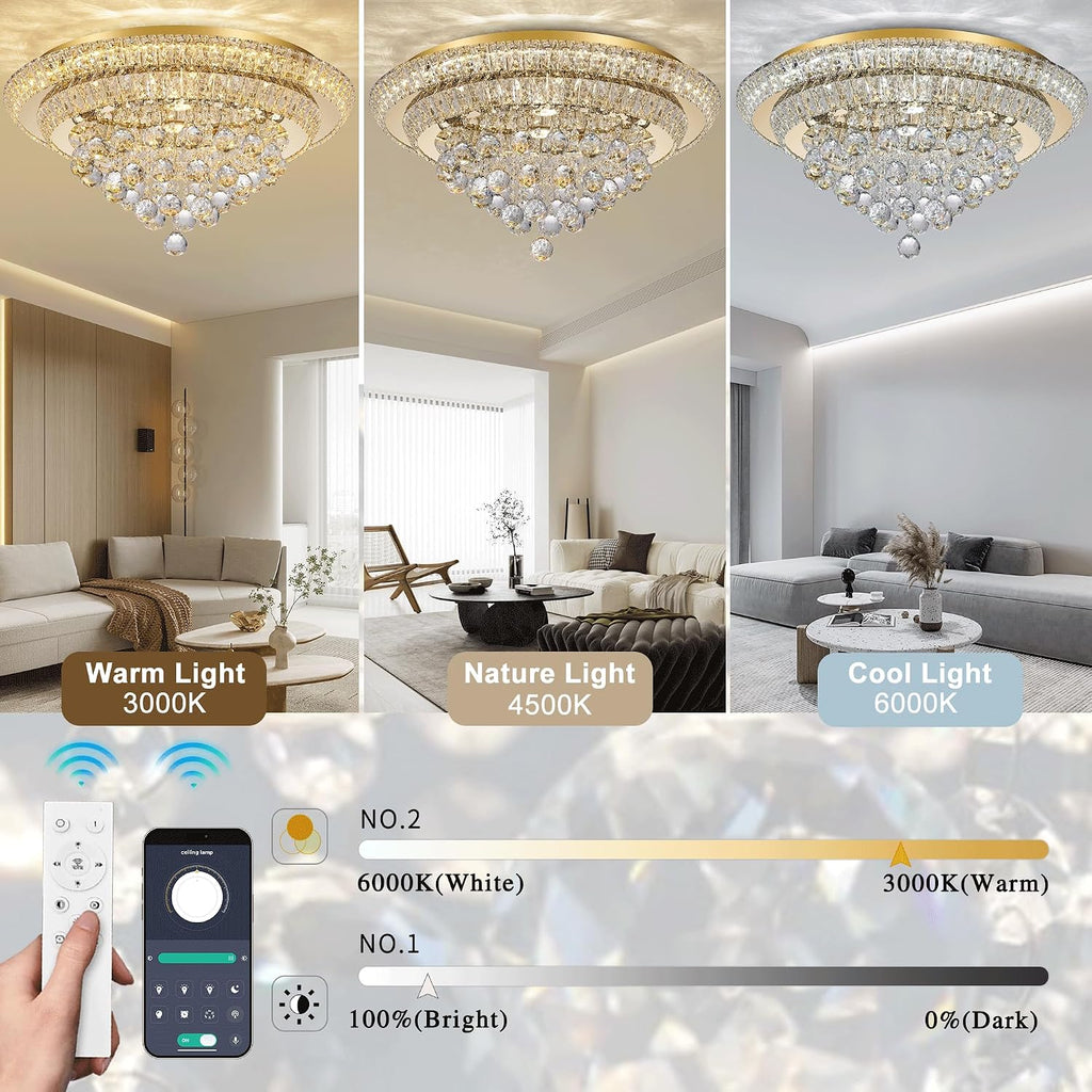 24 inch Crystal Chandeliers With Remote and APP Control, Modern Luxury Flush Mount Gold Chandelier, 3CCT Dimmable