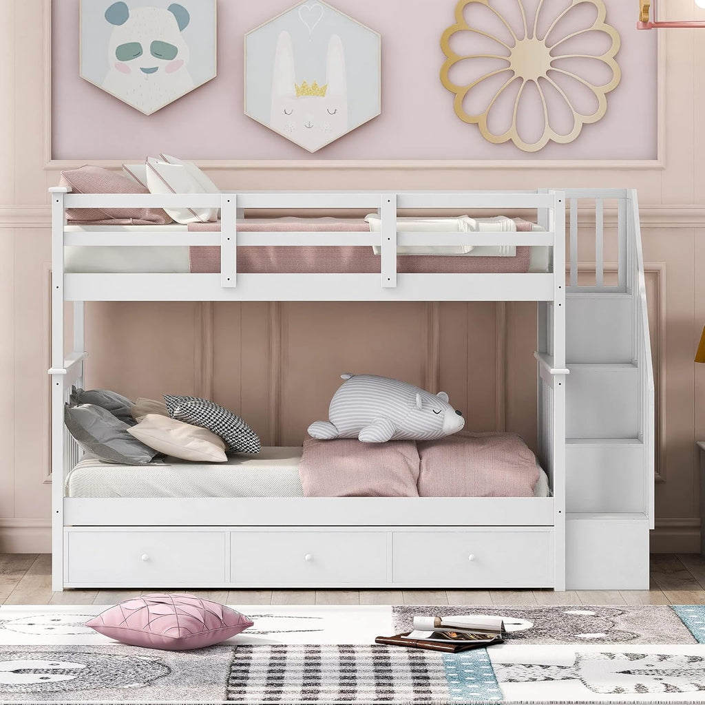Stairway Bunk Bed with Storage Drawers, Twin Over Twin Wood Bunk Bed with Stairs for Kids Teens, Convertible Two Bed