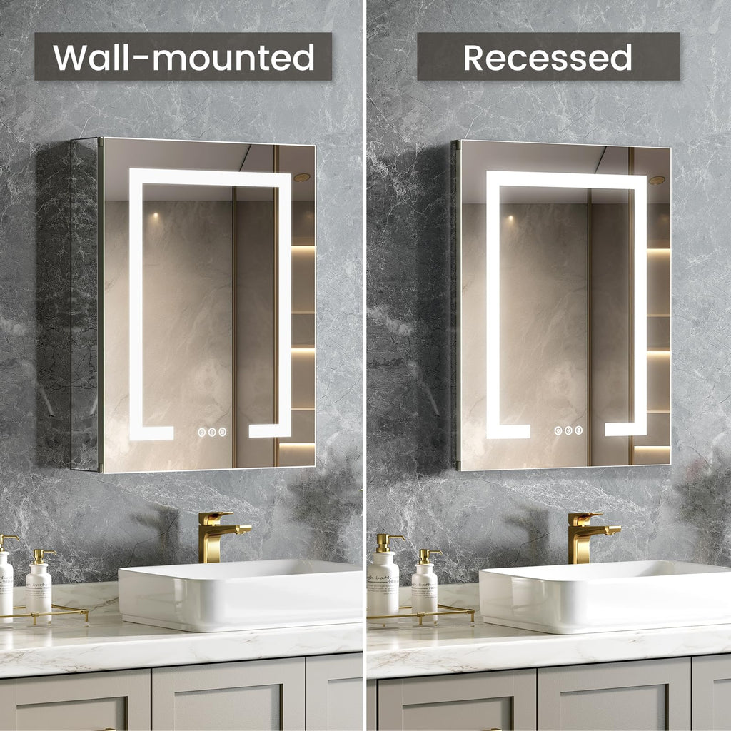 LED Lighted Medicine Cabinet with Mirror, Bathroom Mirror Cabinet with Lights, Outlet and USB, Recessed or Wall