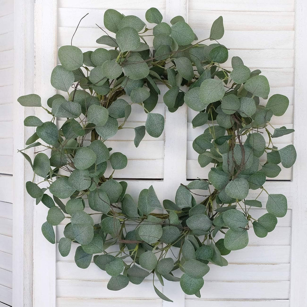 Eucalyptus Leaves Wreath Metal Polyester Fabric Paper Round Green Wreath 22 Inches for The Front Door Decor