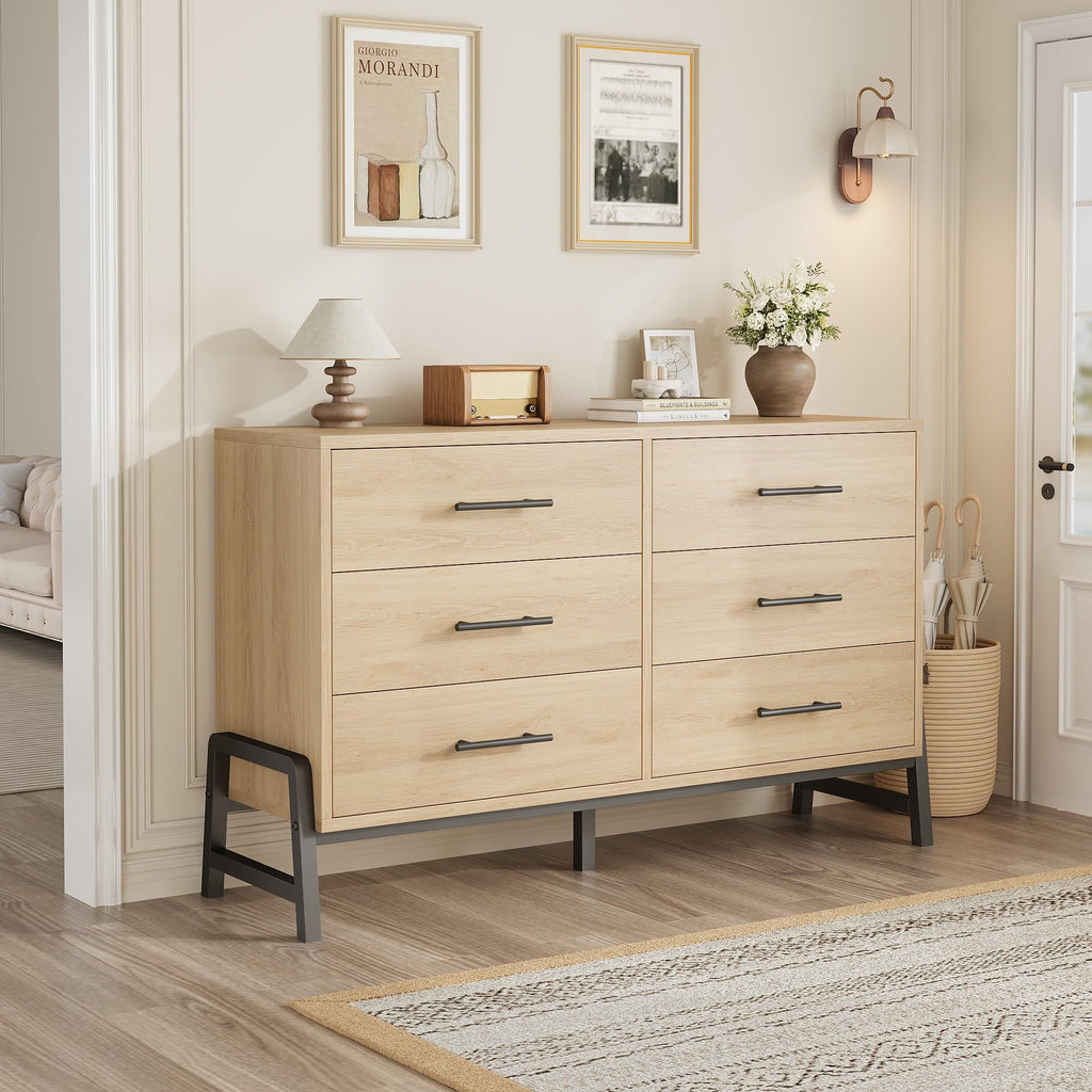 6 Dresser, 52 in Wide Drawer with Large Storage Space, Freestanding Wooden Closet Storage Dresser Chest, Natural Oak