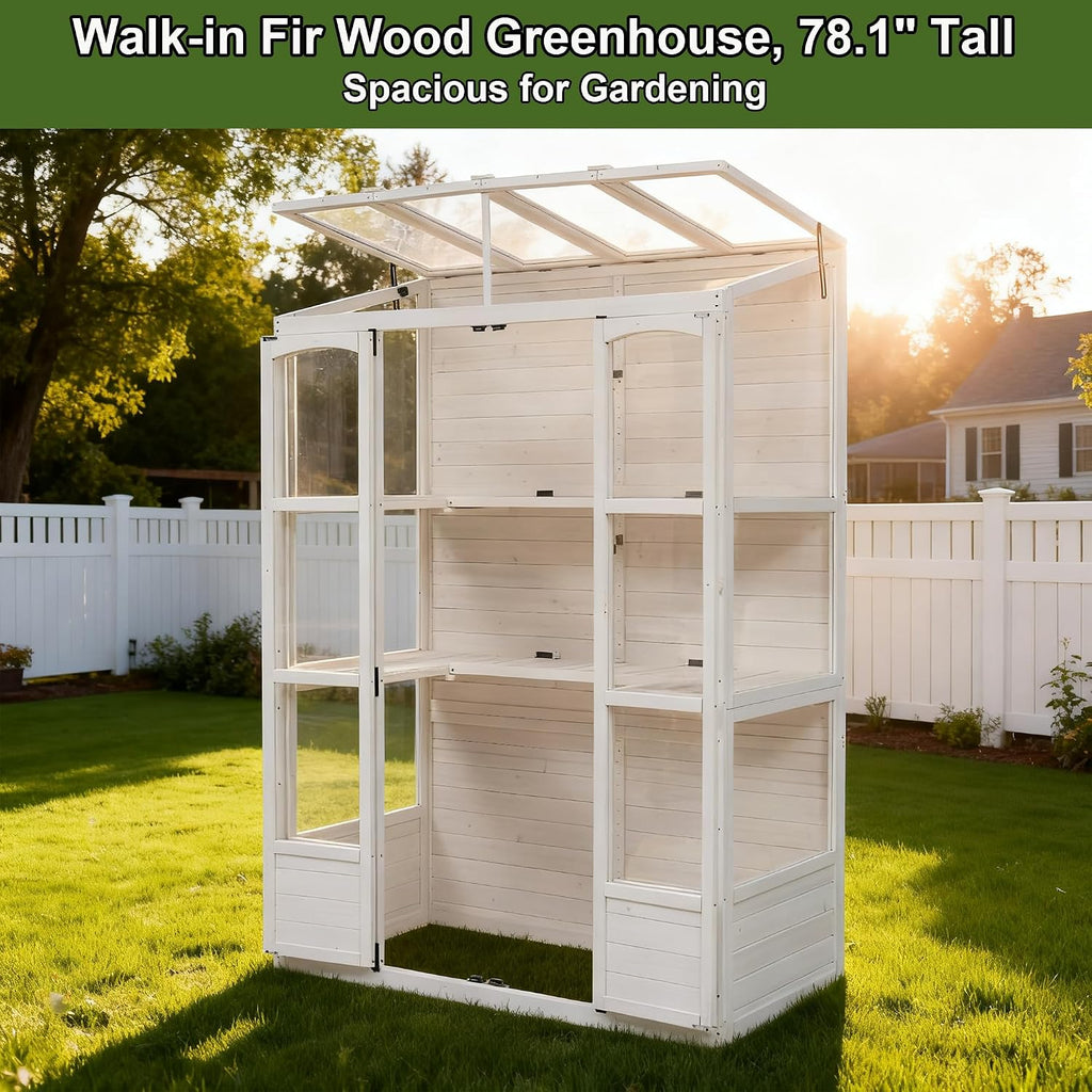 78 Inch Wooden Greenhouse with Walk-in Design, White | White fir wood, outdoor garden, walk-in design, polycarbonate