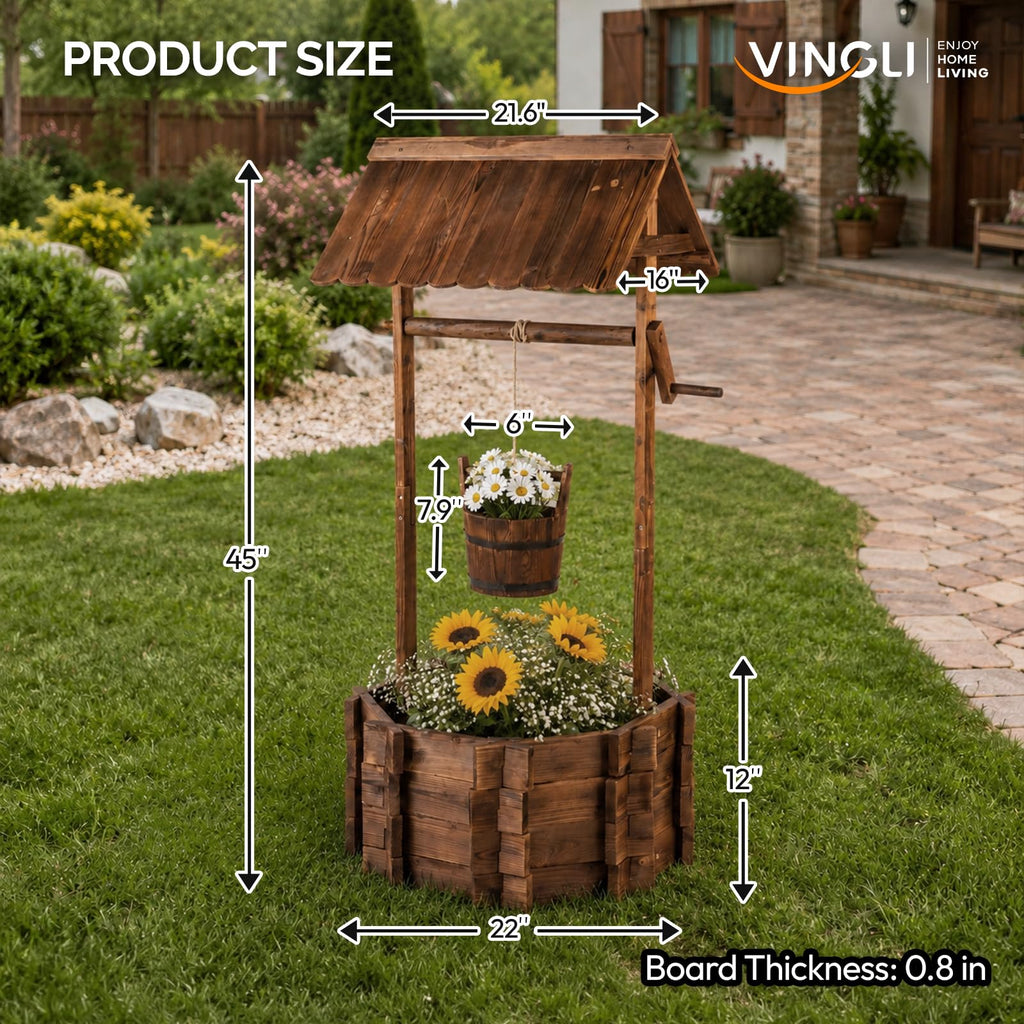 Wooden Wishing Well Outdoor Planters, Well Covers for Yard with 2 Reinforced Rods, Height Adjustable Hanging Bucket