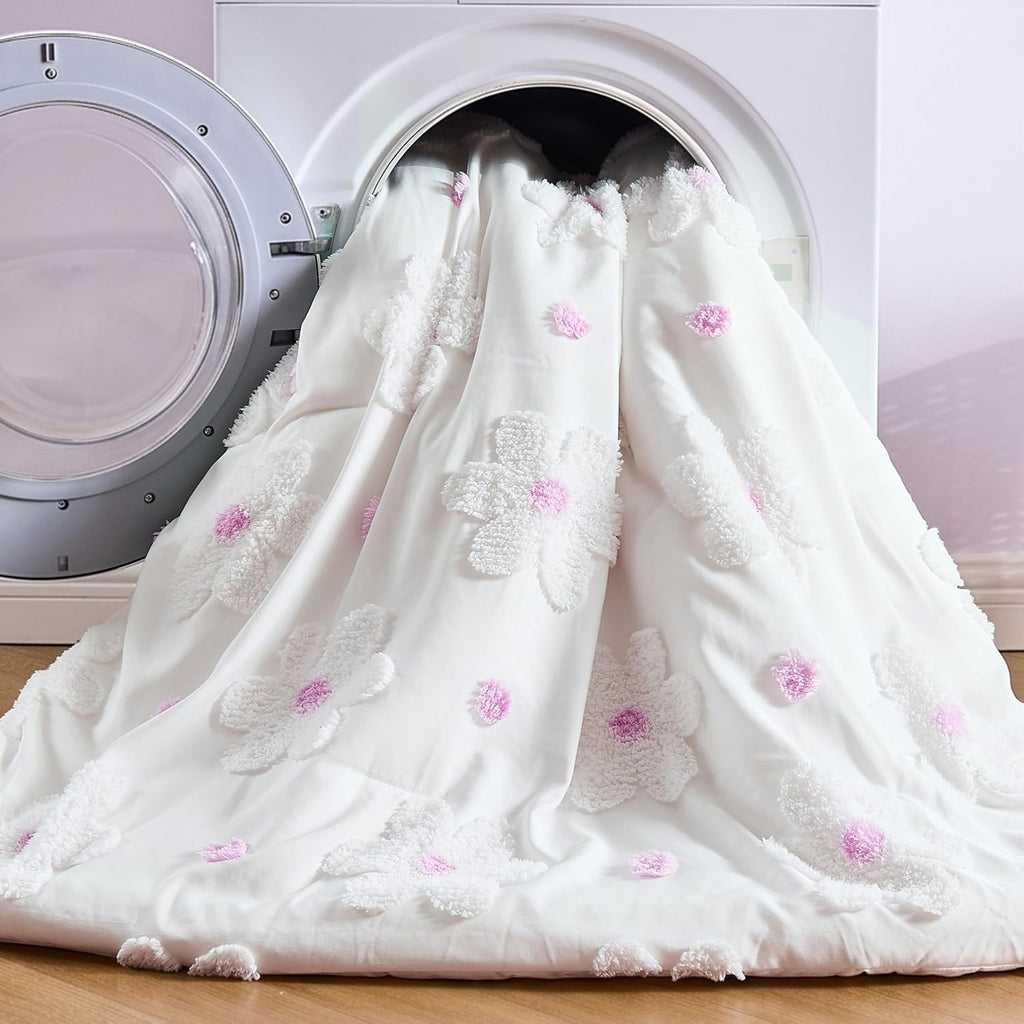 Full Comforter Set for Girls 3 Pieces Soft Pink Tufted Daisies Flowers Bedding Set Bed in A Bag Cute Floral Comforter