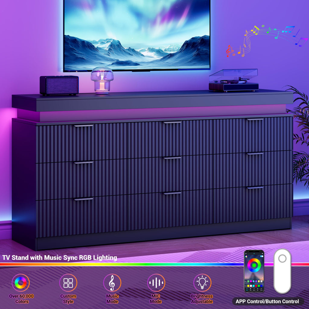 Fluted 9 Drawer Dresser with Charging Station, Black