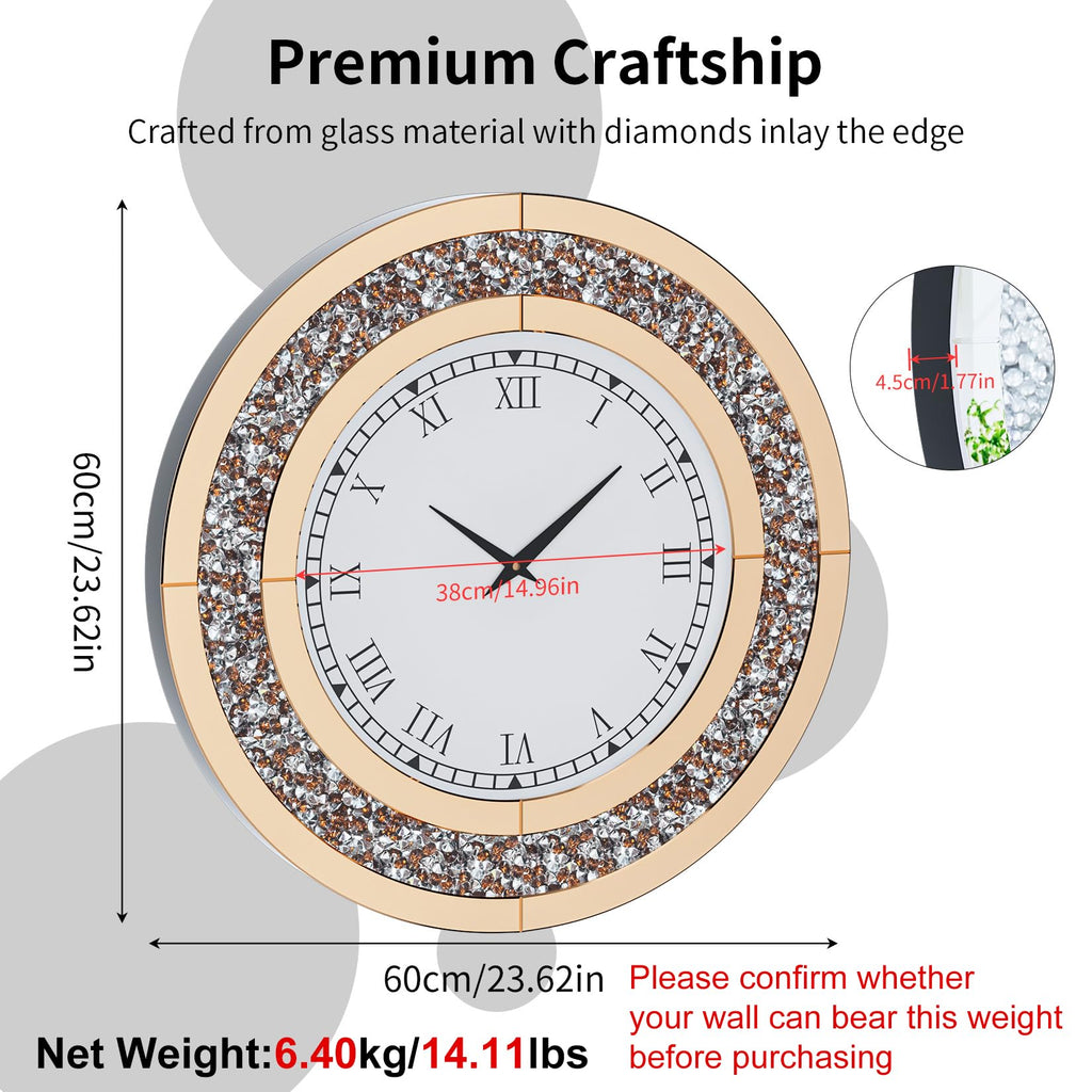 Crushed Diamond Wall Clock: Round Mirrored Clock 23.6 inch Brown