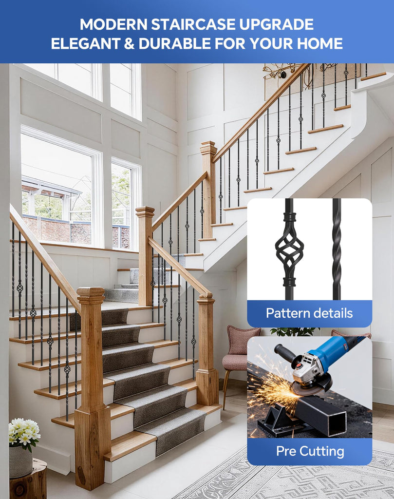 14 Pack Wrought Iron Balusters for Staircase Interior, 44" Black Metal Stair Spindles Balusters for Stairs Banister