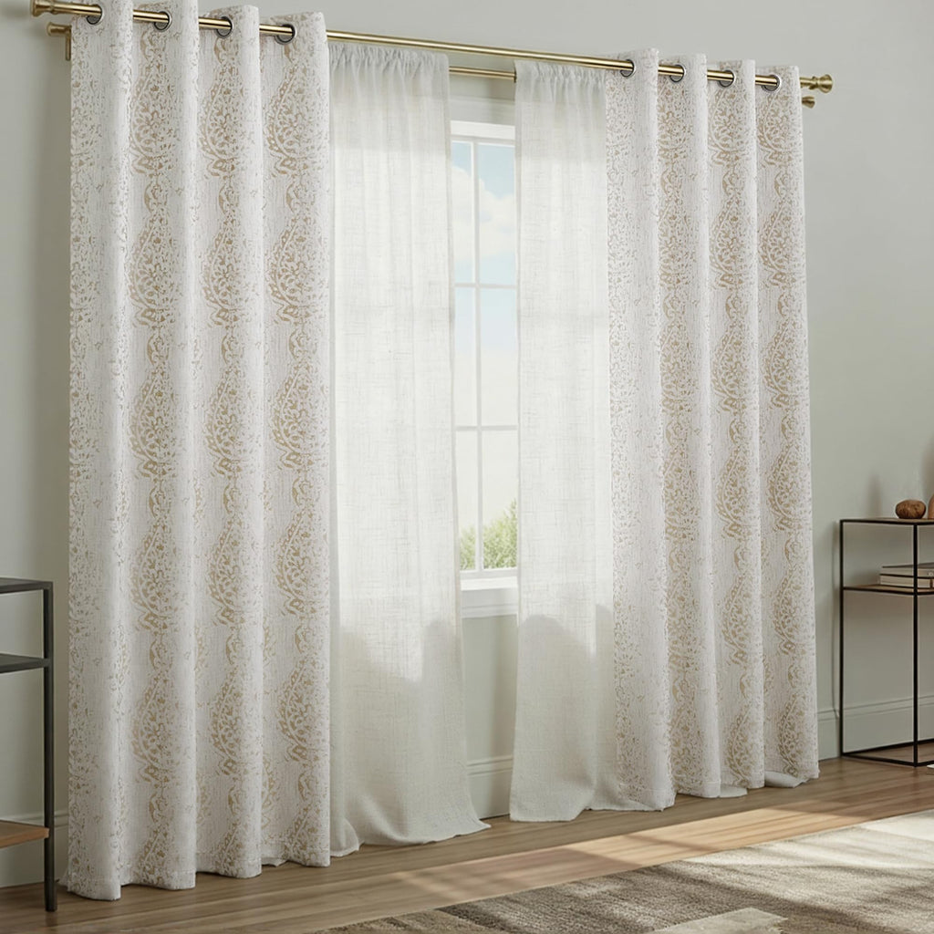 Taupe Neutral Patterned Curtains, 84 Inch Long Semi Blackout Elegant Damask Geometric Textured Pattern Printed Light