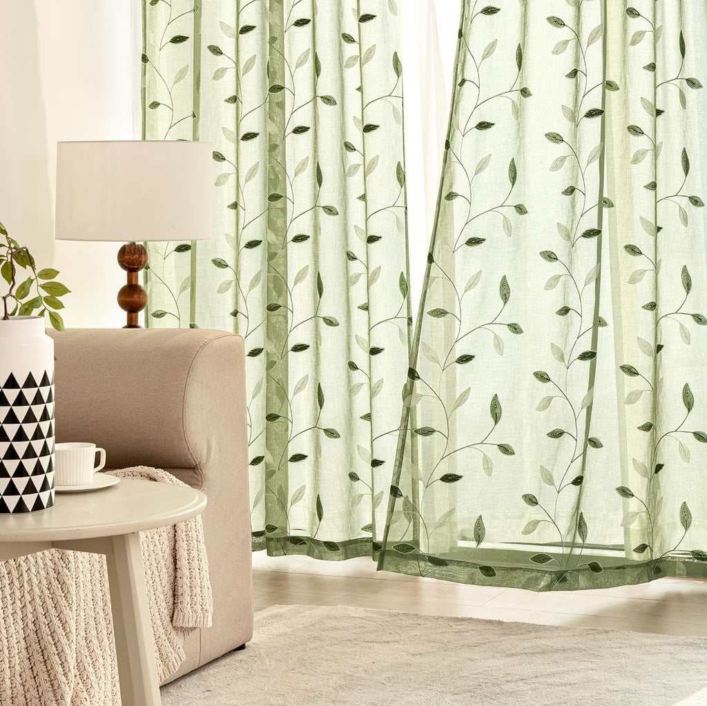 Sage Green Sheer Kitchen Curtains 30x36 Inches Length 2 Panels Embroidered Leaf Patterned Rod Pocket Floral Semi
