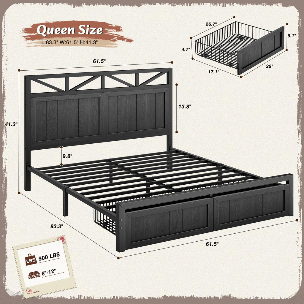Farmhouse Bed Frame, 2 Storage Drawers, LED & Charging, Black