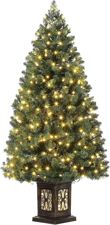 4.5 Ft Artificial Fiber Optic Christmas Tree, Pre-Lit Artificial Potted Xmas Tree with 300 Led Lights, 8 Lighting