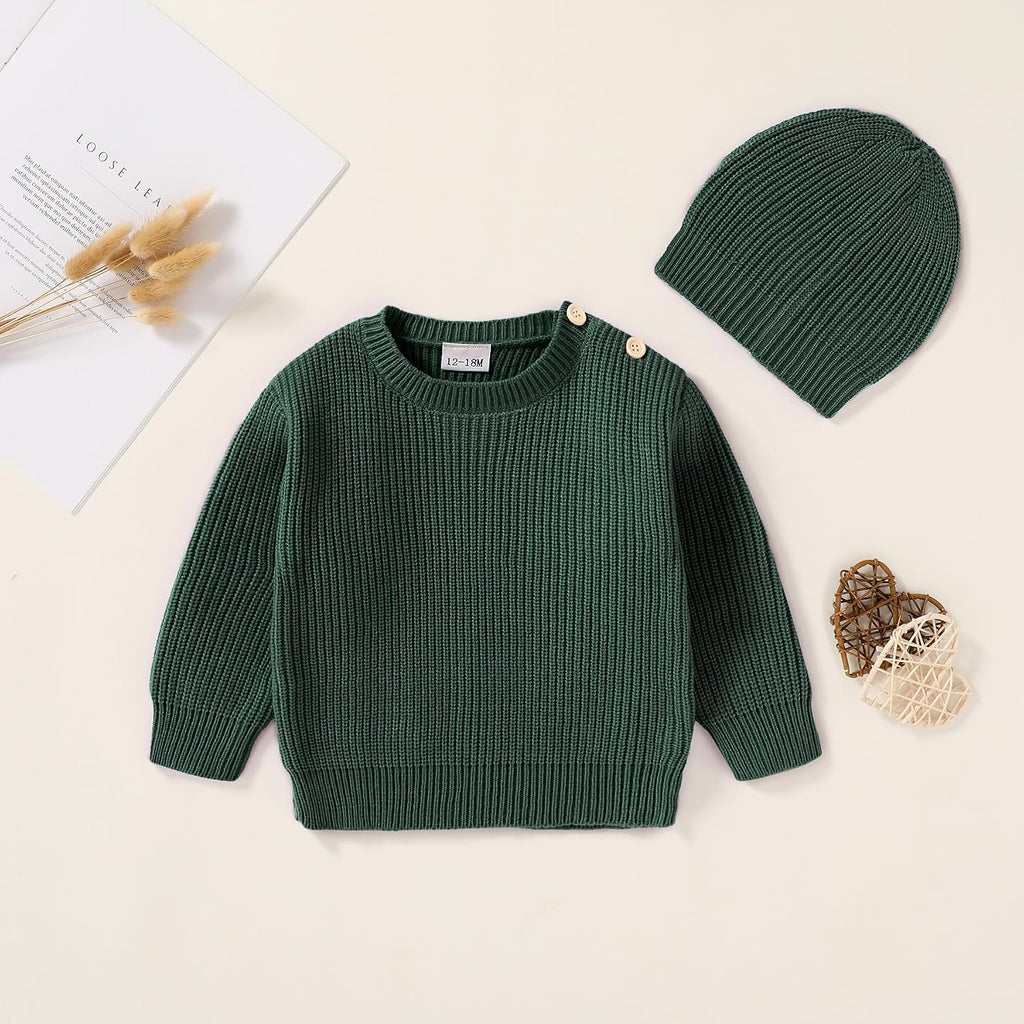 Toddler Baby Boy Girl Sweater Warm Crewneck Pullover Knit Long Sleeve Tops with Hat Fall Winter Clothes
