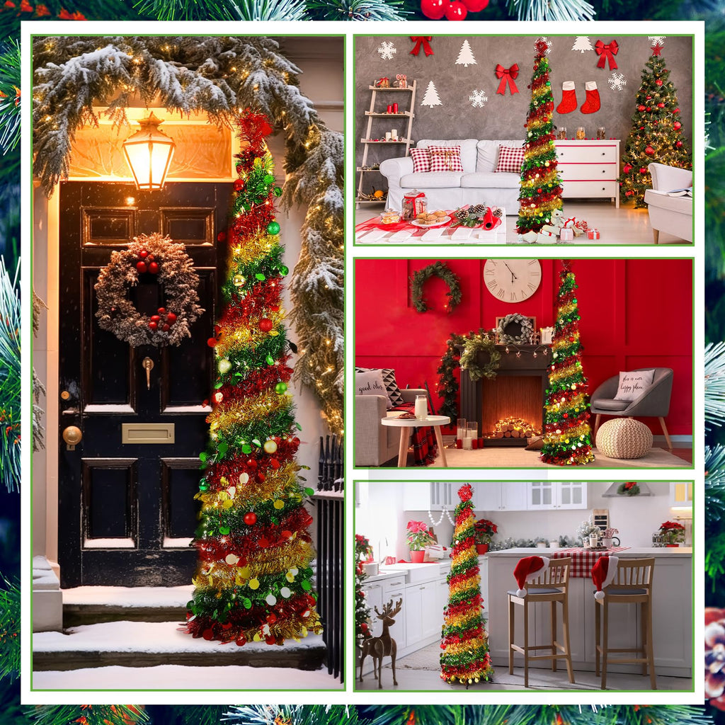 5ft Pop up with Lights and Balls Collapsible Slim Tinsel Xmas Tree Prelit Apartment Winter Party Decoration