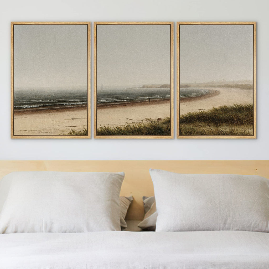Framed Canvas Print Wall Art Set Misty Beach Horizon Nature Wilderness Illustrations Fine Art Decorative Seascape