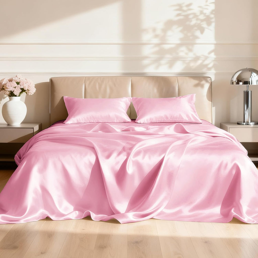 Satin Queen Sheets Set - 4 Piece Pink Silky Bed Sheets Set with Deep Pocket, Luxury Silk Feel Satin Queen Sheet Set