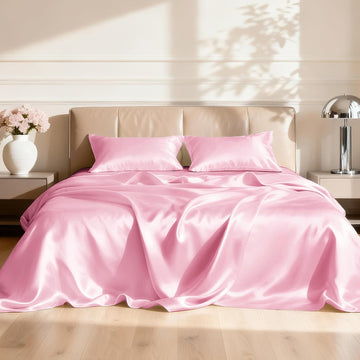 Satin Queen Sheets Set - 4 Piece Pink Silky Bed Sheets Set with Deep Pocket, Luxury Silk Feel Satin Queen Sheet Set
