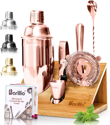Rose Gold Bartender Kit - Stainless-Steel Cocktail Shaker Set w/Bamboo Stand - Mixology Bar Tools w/Shaker, Drink - Set of 6