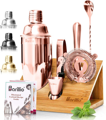 Rose Gold Bartender Kit - Stainless-Steel Cocktail Shaker Set w/Bamboo Stand - Mixology Bar Tools w/Shaker, Drink