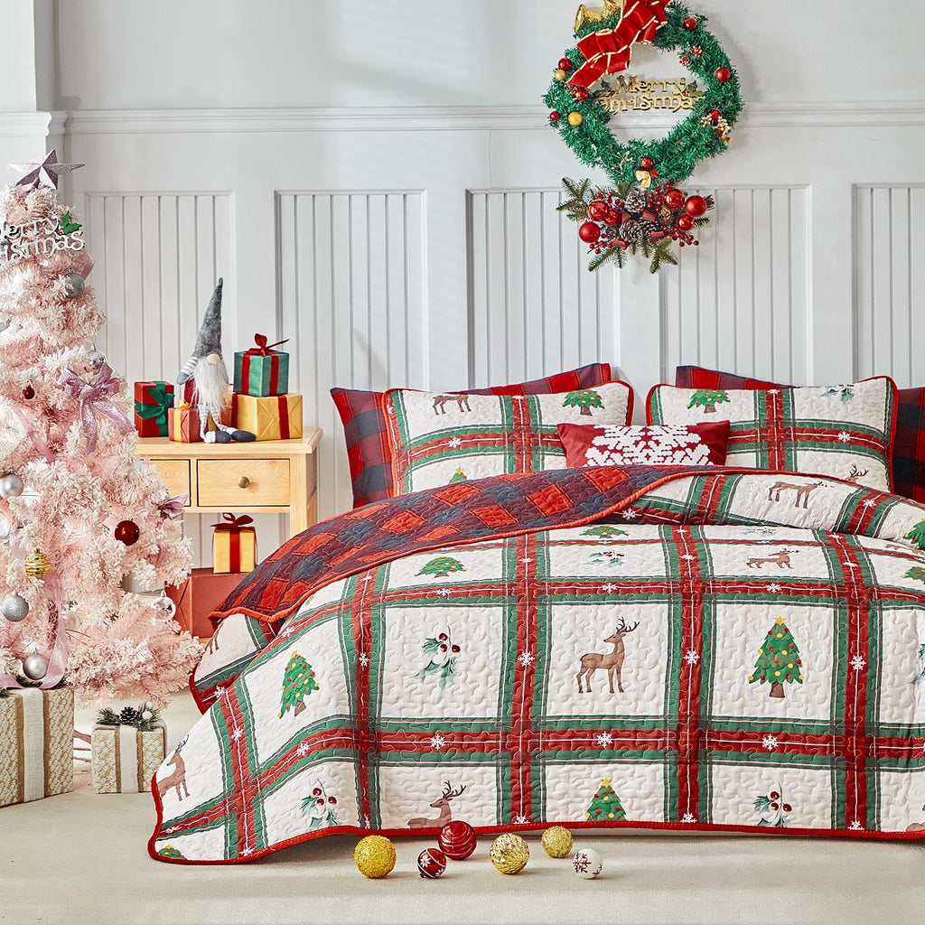 Christmas Quilt Set Patchwork Plaid Style with Green Red Plaid and Deer Tree Berry Reversible Gingham Design - Xmas