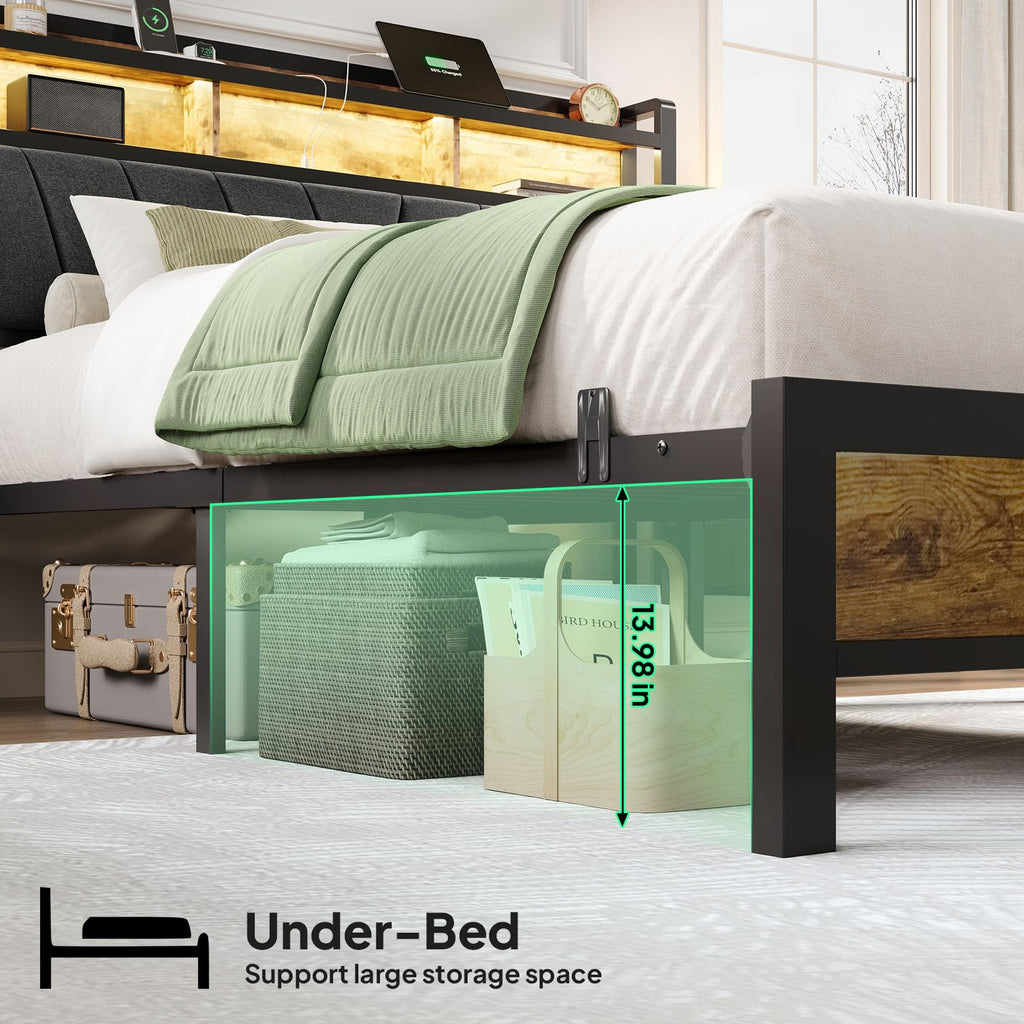 Bed Frame with LED Lights and Charging Station, Vintage Brown