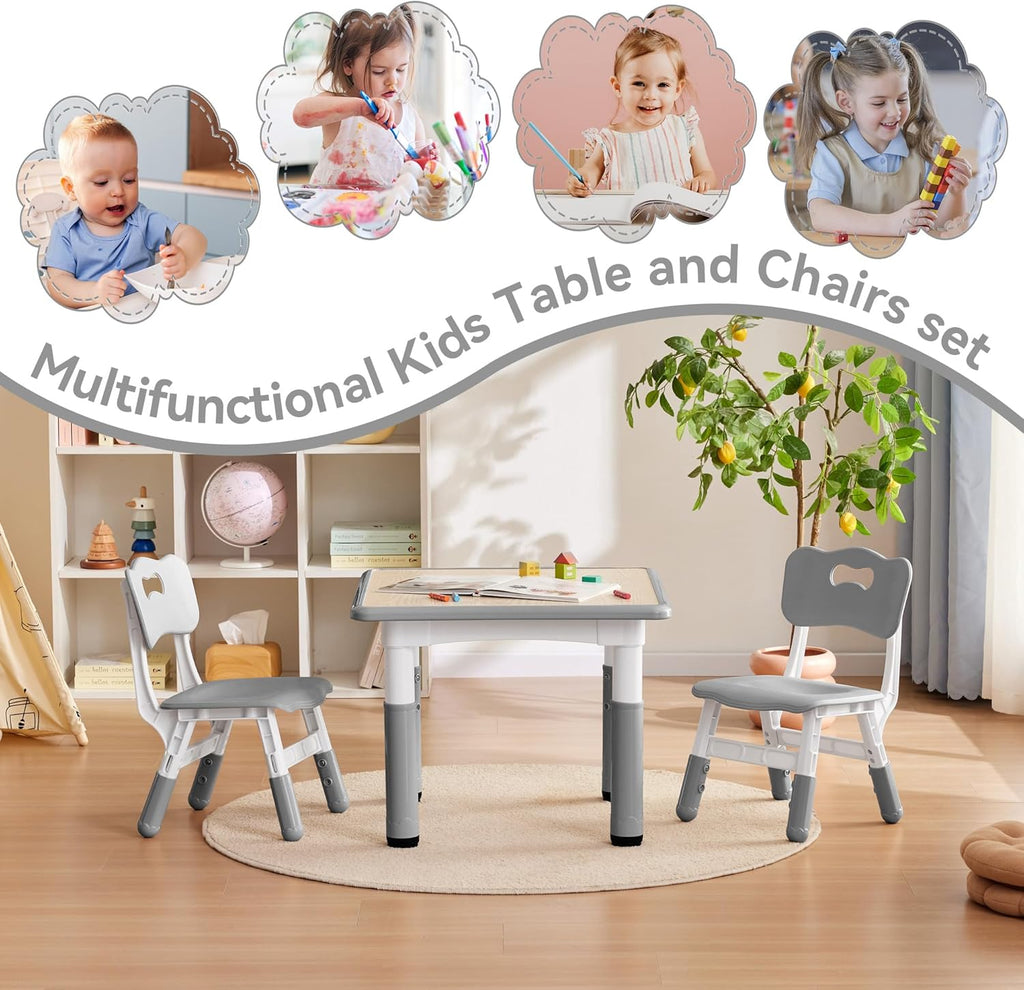 Kids Study Table and Chairs Set, Height Adjustable Toddler Table and Chair Set for Kids Ages 3-8, 23.6" L x 23.6" W