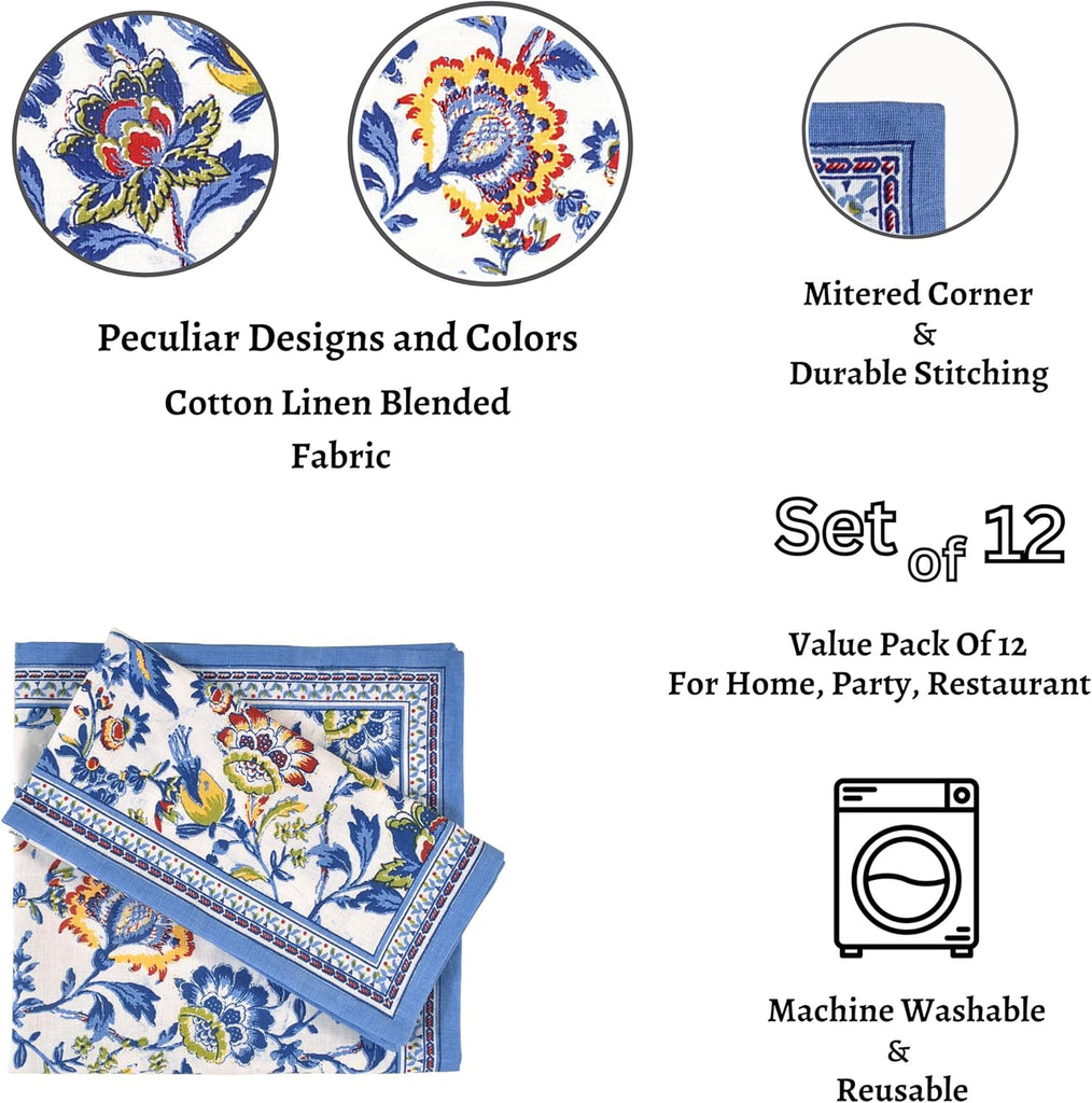 Cloth Napkins Set of 12 Cotton Linen, 20x20 Inch, Blue Floral | Mitered corner, washable, soft, absorbent, floral
