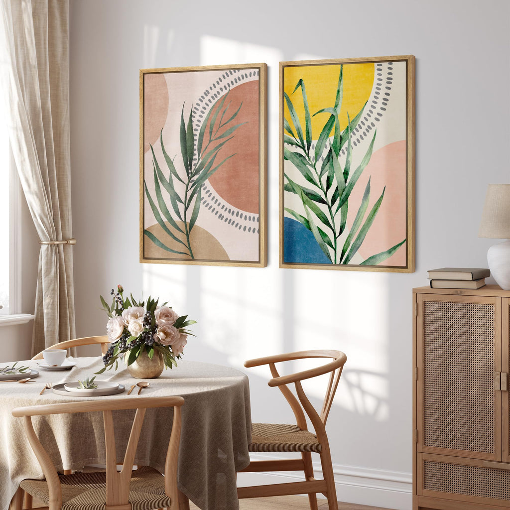 Framed Canvas Print Wall Art Set Geometric Mid-Century Circle Plants Abstract Shapes Illustrations Modern Art