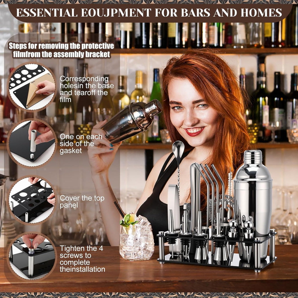Cocktail Shaker Set and Bartender Kit with Stand, 18 x 12 Inch Folding Bar Mat with Cutting Board, 3 Tier Bar - Set of 28