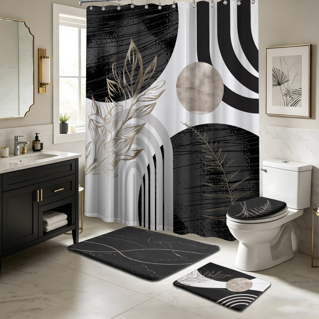 Black and White Shower Curtain Sets with Rugs, Boho Bathroom Decor