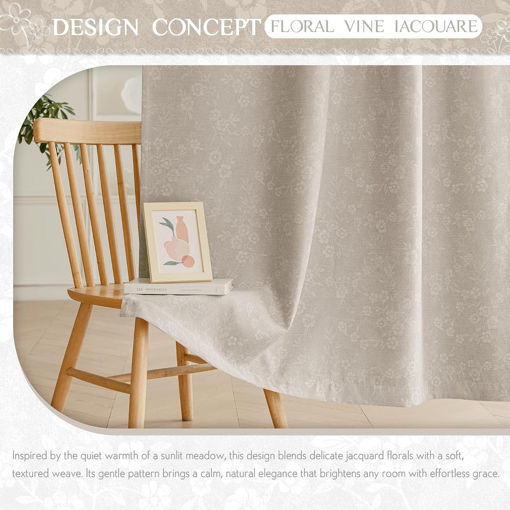 Beige Floral Jacquard Blackout Curtains 84 Inches Long 2 Panels for Living Room Bedroom Chenille Flower Room