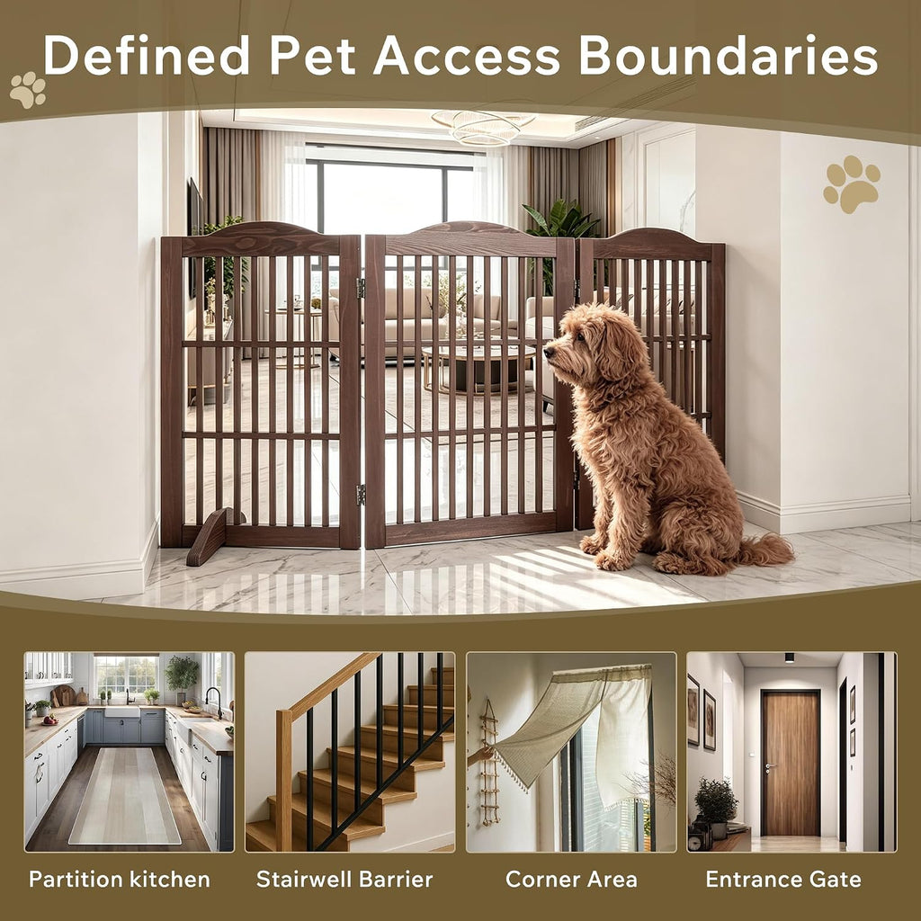 Wooden Freestanding Foldable Pet Gate, 3 Panels, Step Over (Brown, 30 inch)