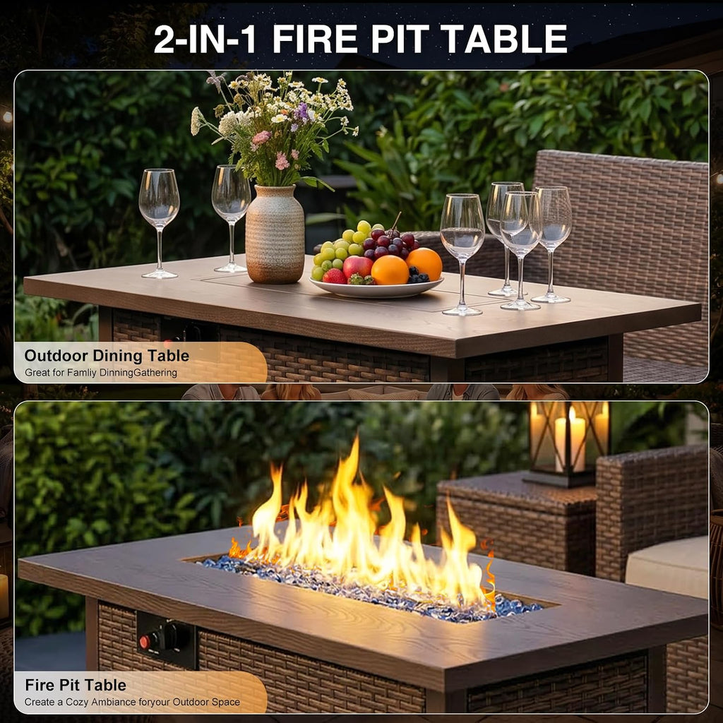 42 Inch Rectangular Propane Fire Pit Table with 50,000 BTU Output | 2-IN-1 Gas Fire Pit Table with Lid and Glass