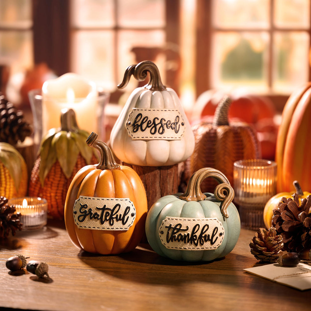 Pumpkins Fall Table Decor, Set of 3 Resin Decorative Pumpkins Figurines Decor Indoor Tabletop Centerpieces Harvest
